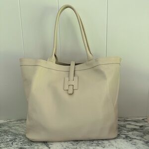 Cream and White Structured Leather Tote